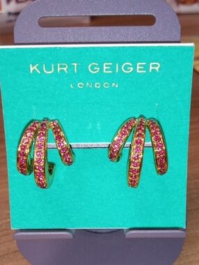 Kurt Geiger Gold-Tone Pink Crystal Triple-Arc Earrings